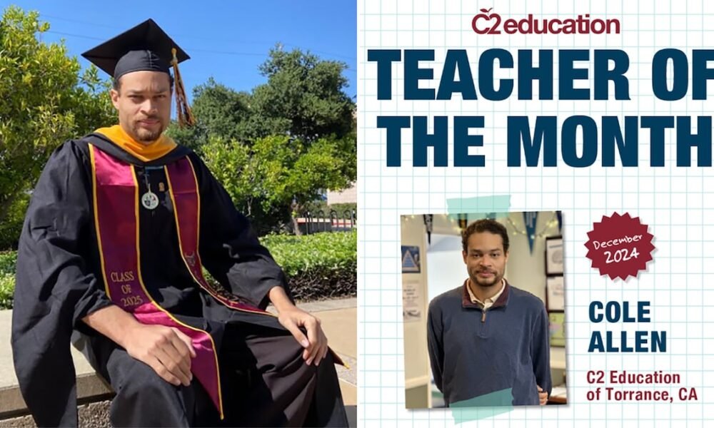 A la izquierda, Cole Allen en una imagen publicada en su Linkedin en 2025 tras graduarse en un Master de Informática. A la derecha, Cole Allen profesor del C2 Education de Torrance tras ser elegido mejor maestro del mes en diciembre de 2024 Foto: Linkedin / Facebook | Vídeo: EPV