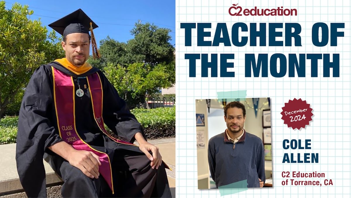 A la izquierda, Cole Allen en una imagen publicada en su Linkedin en 2025 tras graduarse en un Master de Informática. A la derecha, Cole Allen profesor del C2 Education de Torrance tras ser elegido mejor maestro del mes en diciembre de 2024 Foto: Linkedin / Facebook | Vídeo: EPV
