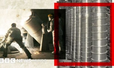 Un montaje muestra a científicos en una instalación nuclear trabajando con un mortero enorme y con varias centrifugadoras.