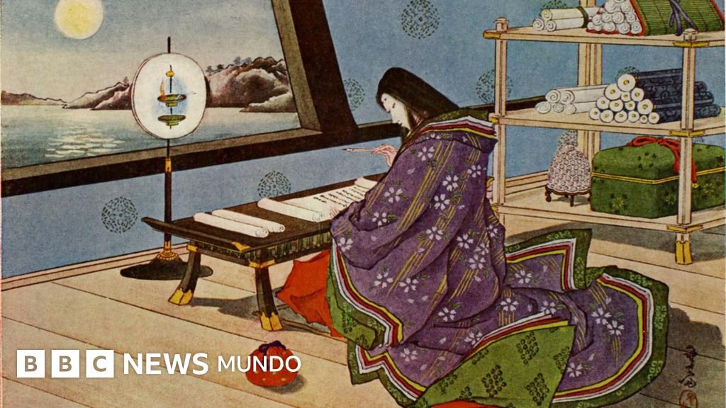 Murasaki Shikibu escribiendo "El romance de Genji" en el templo de Ishiyama.