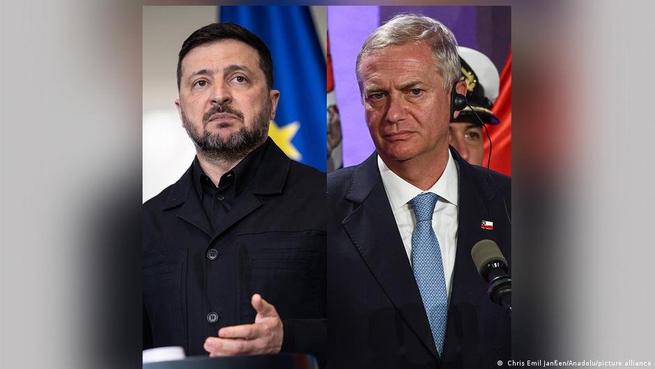 Zelenski (izquierda en la imagen) también recordó que en mayo se celebrará una cumbre sobre los niños ucranianos secuestrados por el régimen ruso. "Contamos con la participación de Chile", dijo a Kast (derecha) Imagen: Chris Emil Janßen/Anadolu/picture alliance