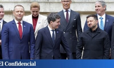 amenazas rusas — Zelenski (abajo derecha) y su homólogo rumano, Nicusur Dan, junto a varios líderes asistentes a la Cumbre B9 de Bucarest, el 13 de mayo. Tomada por: EFE/EPA