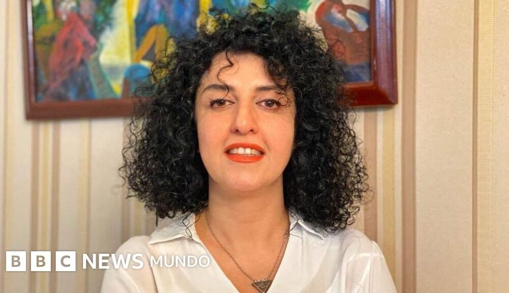 Narges Mohammadi sonríe en esta foto de folleto sin fecha. Tiene el pelo negro rizado y lleva una camisa blanca, un collar en forma de triángulo y lápiz labial rojo.