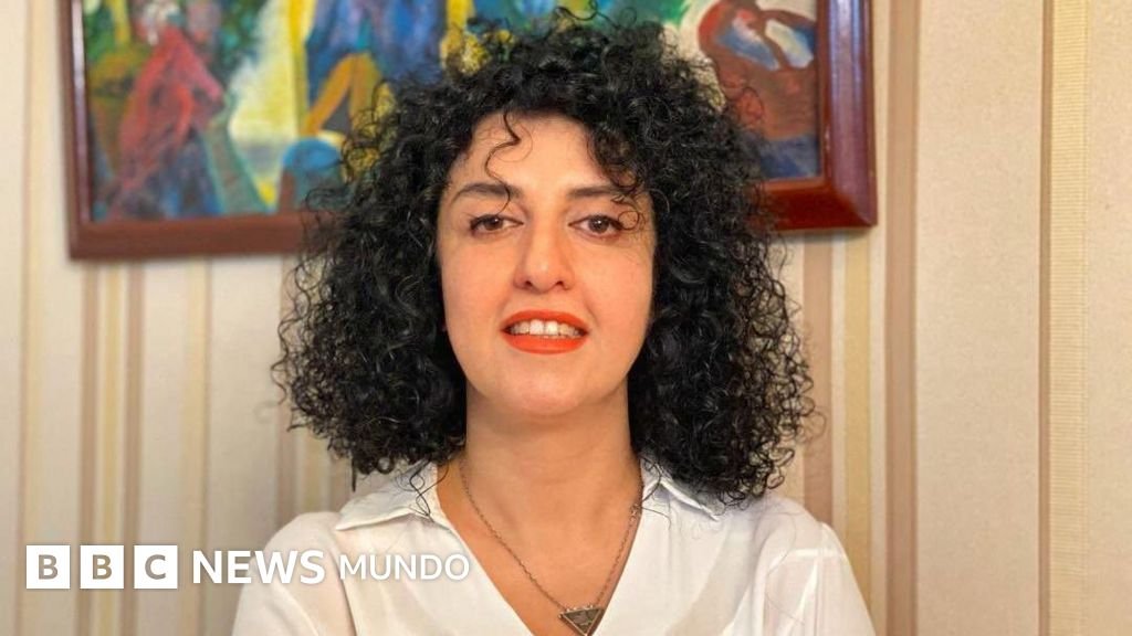 Narges Mohammadi sonríe en esta foto de folleto sin fecha. Tiene el pelo negro rizado y lleva una camisa blanca, un collar en forma de triángulo y lápiz labial rojo.