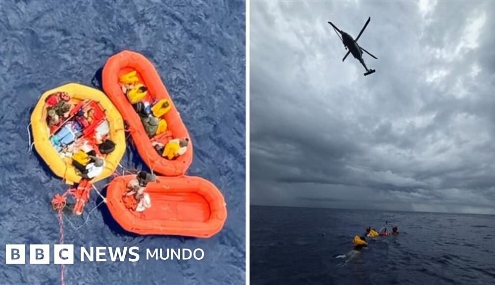rescate avión piloto Nixon Atlántico — Dos imágenes: imagen de la izquierda de personas dentro de tres balsas flotantes de color naranja y amarillo sobre aguas azules, imagen de la derecha de nubes grises sobre un mar azul con personas en flotadores balanceándose en el agua.. Tomada por: BBC Mundo