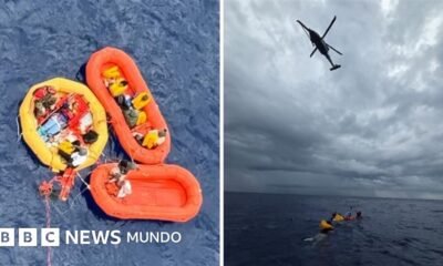 rescate avión piloto Nixon Atlántico — Dos imágenes: imagen de la izquierda de personas dentro de tres balsas flotantes de color naranja y amarillo sobre aguas azules, imagen de la derecha de nubes grises sobre un mar azul con personas en flotadores balanceándose en el agua.. Tomada por: BBC Mundo