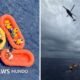 rescate avión piloto Nixon Atlántico — Dos imágenes: imagen de la izquierda de personas dentro de tres balsas flotantes de color naranja y amarillo sobre aguas azules, imagen de la derecha de nubes grises sobre un mar azul con personas en flotadores balanceándose en el agua.. Tomada por: BBC Mundo