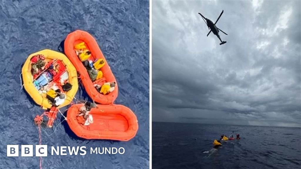 rescate avión piloto Nixon Atlántico — Dos imágenes: imagen de la izquierda de personas dentro de tres balsas flotantes de color naranja y amarillo sobre aguas azules, imagen de la derecha de nubes grises sobre un mar azul con personas en flotadores balanceándose en el agua.. Tomada por: BBC Mundo