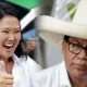 Keiko Fujimori — Una mujer joven ríe mientras hace el gesto de pulgar arriba junto a un hombre con gafas y un gran sombrero blanco. Foto de: El Búho