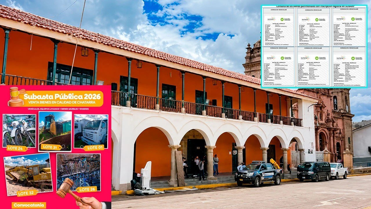 bienes patrimoniales — Publicidad de la Subasta Pública 2026 que incluye bienes de la Municipalidad de Huamanga en Ayacucho. Foto de: El Búho