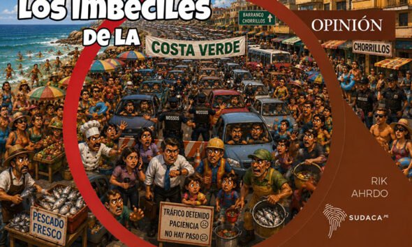 cierres Costa Verde — Una ilustración satírica muestra el caos vehicular y la congestión en la Costa Verde de Lima. Foto de: SUDACA