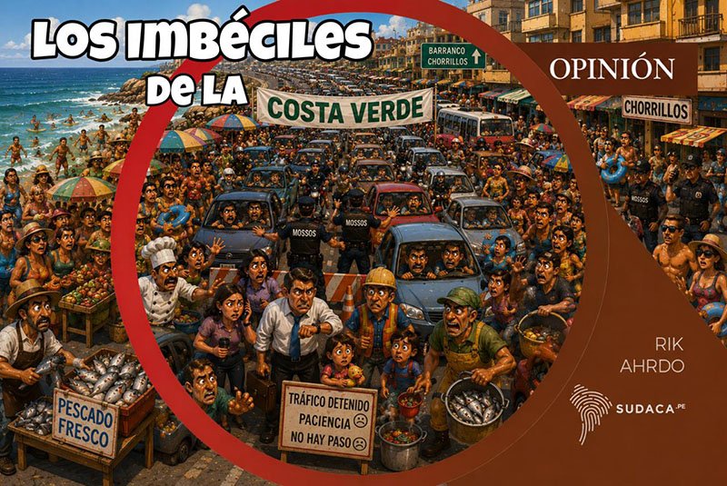 cierres Costa Verde — Una ilustración satírica muestra el caos vehicular y la congestión en la Costa Verde de Lima. Foto de: SUDACA