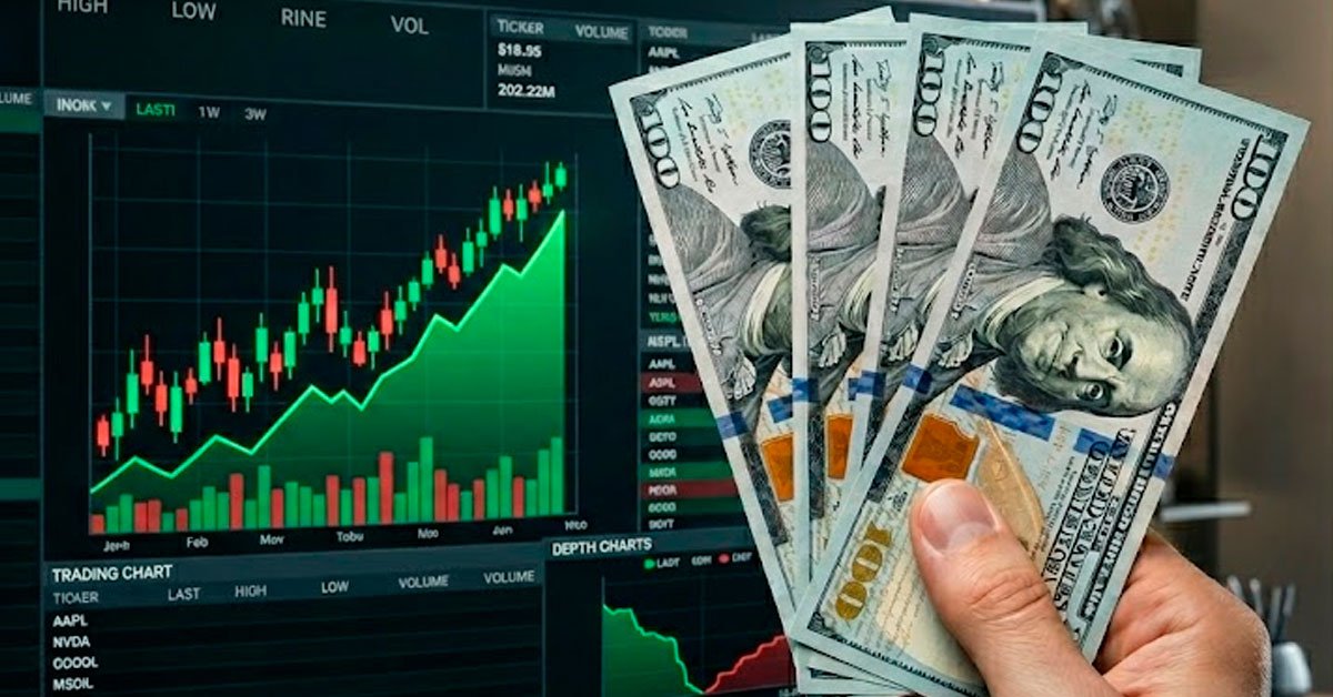 cotización dólar Perú 22 junio — Gráfico de fluctuación del tipo de cambio y billetes de 100 dólares que ilustran la cotización de la moneda estadounidense en Perú. Foto de: Exitosa Noticias