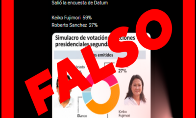 simulacro votación — Captura de pantalla que muestra un gráfico de encuestas y el texto "FALSO" sobre la supuesta simulación de votación a favor de Keiko Fujimori. Foto de: IDL-Reporteros
