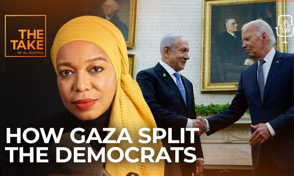 Partido Demócrata — Una mujer y una imagen de Benjamín Netanyahu estrechando la mano de Joe Biden ilustran las tensiones políticas sobre Gaza. Foto de: Al Jazeera