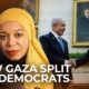 Partido Demócrata — Una mujer y una imagen de Benjamín Netanyahu estrechando la mano de Joe Biden ilustran las tensiones políticas sobre Gaza. Foto de: Al Jazeera