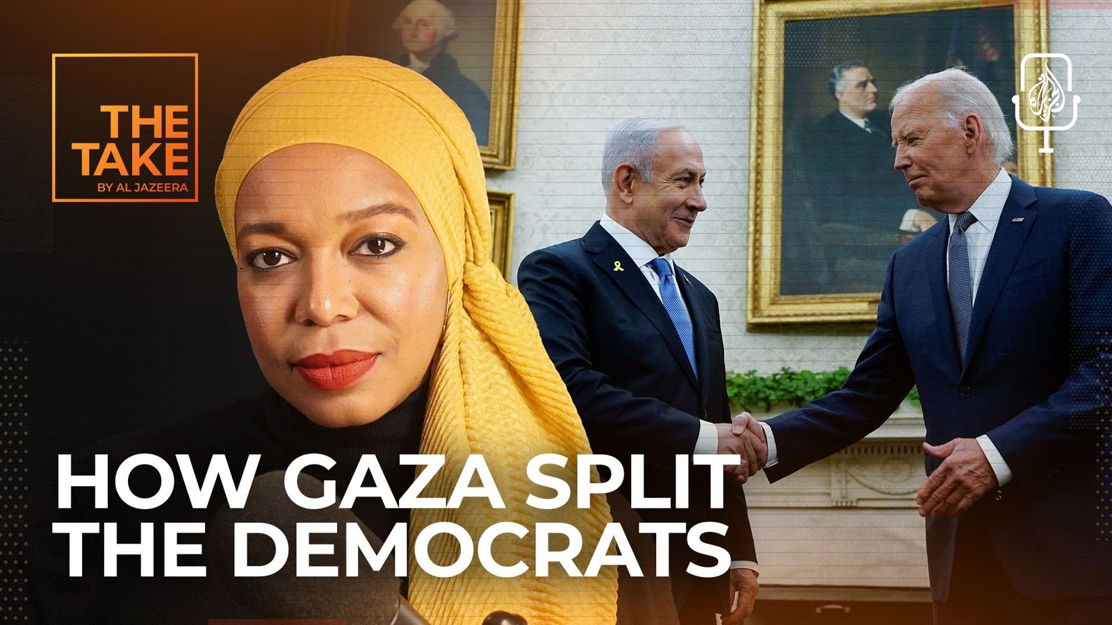 Partido Demócrata — Una mujer y una imagen de Benjamín Netanyahu estrechando la mano de Joe Biden ilustran las tensiones políticas sobre Gaza. Foto de: Al Jazeera