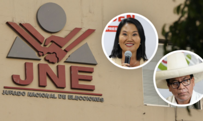 segunda vuelta — El logo del Jurado Nacional de Elecciones (JNE) junto a las imágenes de la candidata y el candidato presidencial. Foto de: Exitosa Noticias