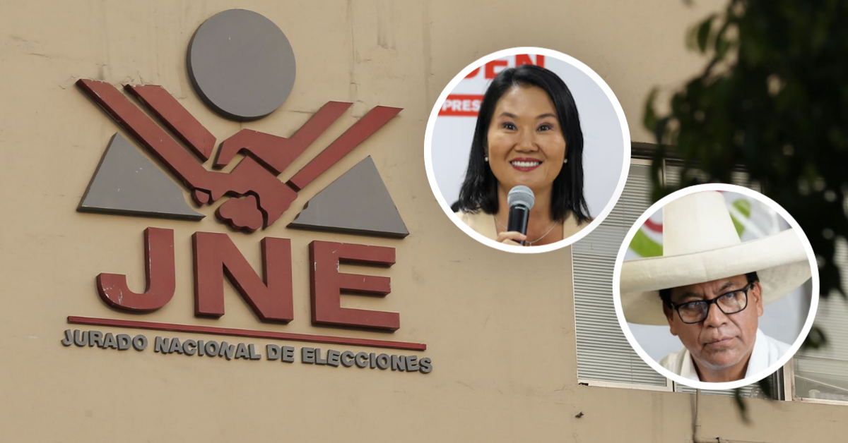 segunda vuelta — El logo del Jurado Nacional de Elecciones (JNE) junto a las imágenes de la candidata y el candidato presidencial. Foto de: Exitosa Noticias