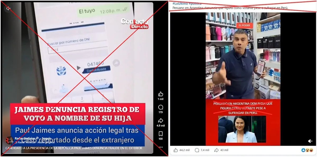 ONPE desmiente videos — Capturas de pantalla de publicaciones en Facebook que muestran el conteo de mesas de sufragio y denuncias sobre votaciones de extranjeros en Perú. Foto de: news.google.com