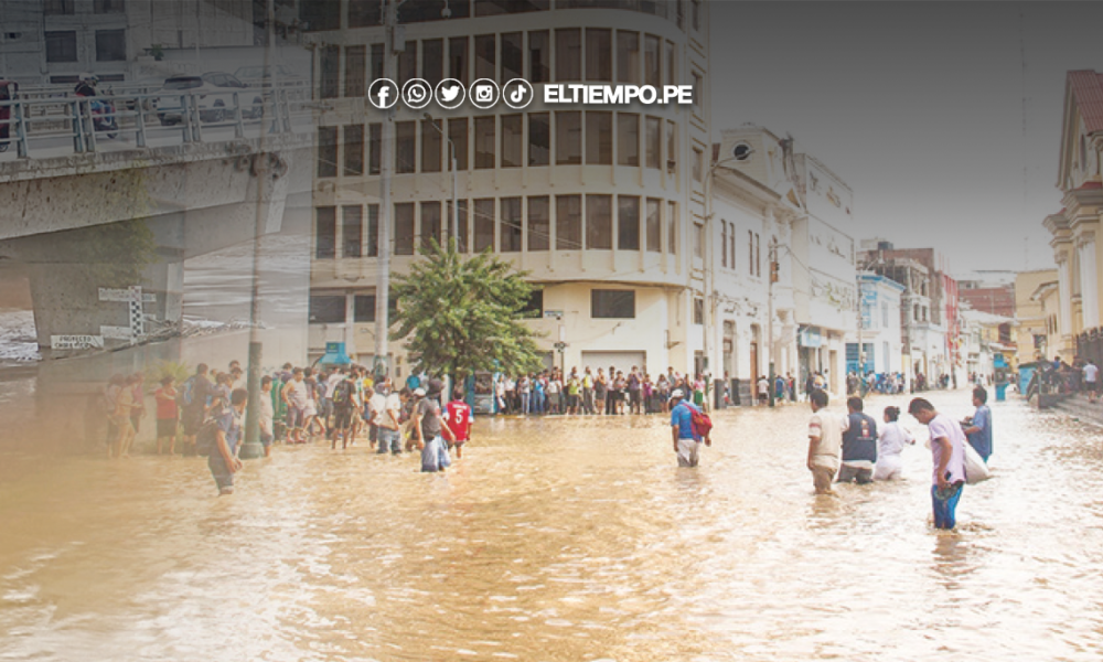 fenómeno Super Niño — Habitantes de la ciudad de Piura caminan por las calles inundadas debido al incremento del caudal del río. Foto de: ELTIEMPO.PE