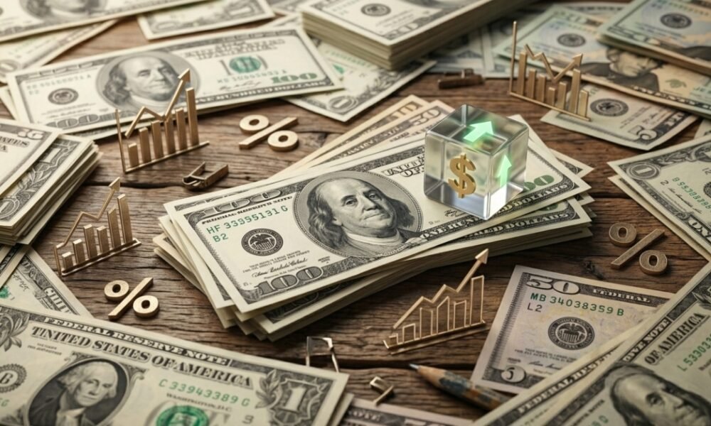 precio dólar hoy Perú — Representación gráfica de billetes de dólares y símbolos financieros que ilustran la fluctuación del tipo de cambio en el mercado peruano. Foto de: Exitosa Noticias