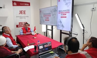 Miembros del Jurado Especial Electoral (JEE) en Lima realizan la proclamación de resultados de la segunda vuelta para las elecciones de 2026. Foto de: Gestión