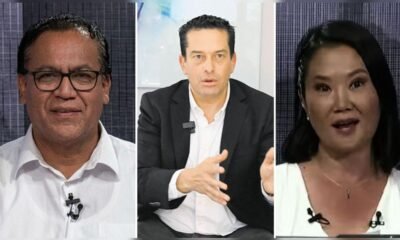 Roberto Sánchez — Tres personas, dos hombres y una mujer, están sentadas en lo que parece ser un panel de discusión o entrevista. Foto de: La República