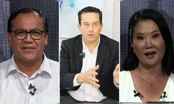 Roberto Sánchez — Tres personas, dos hombres y una mujer, están sentadas en lo que parece ser un panel de discusión o entrevista. Foto de: La República