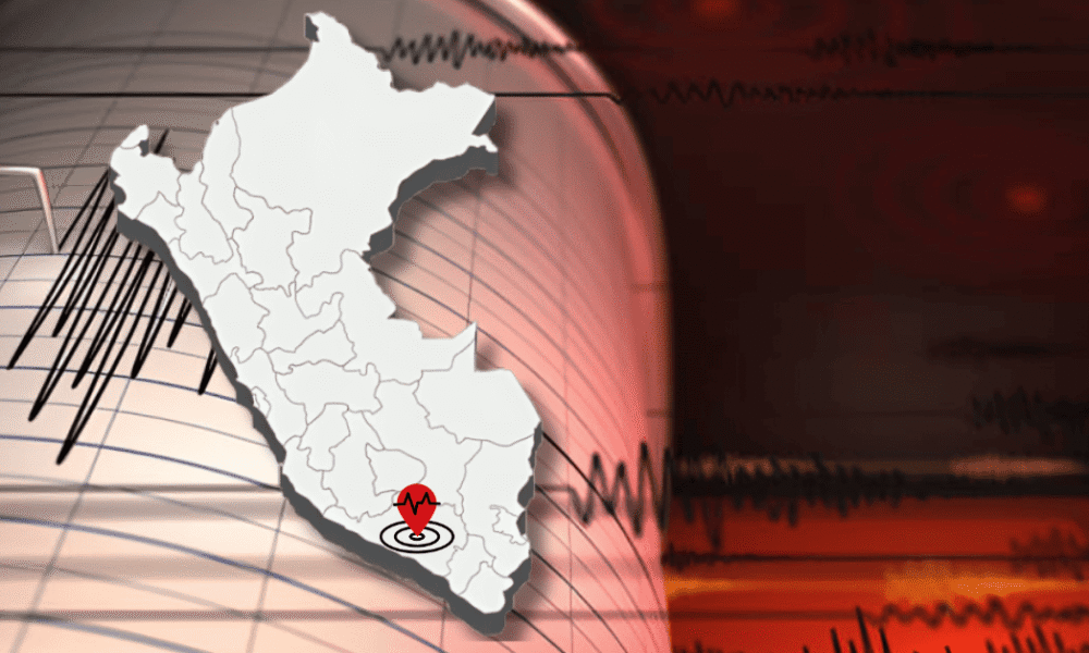 Sismo magnitud sacude — Mapa del Perú con un indicador de ubicación y gráficos de sismogramas que muestran la actividad sísmica reciente en el país. Foto de: Exitosa Noticias