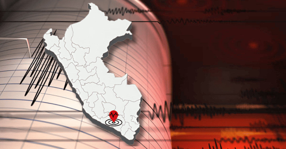 Sismo magnitud sacude — Mapa del Perú con un indicador de ubicación y gráficos de sismogramas que muestran la actividad sísmica reciente en el país. Foto de: Exitosa Noticias