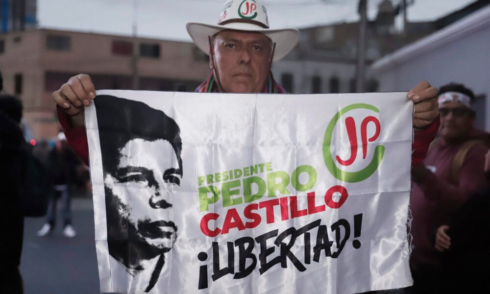 Naciones Unidas — Un manifestante sostiene una pancarta con el rostro y nombre de Pedro Castillo en un contexto de tensiones políticas en Perú. Foto de: HolaNews