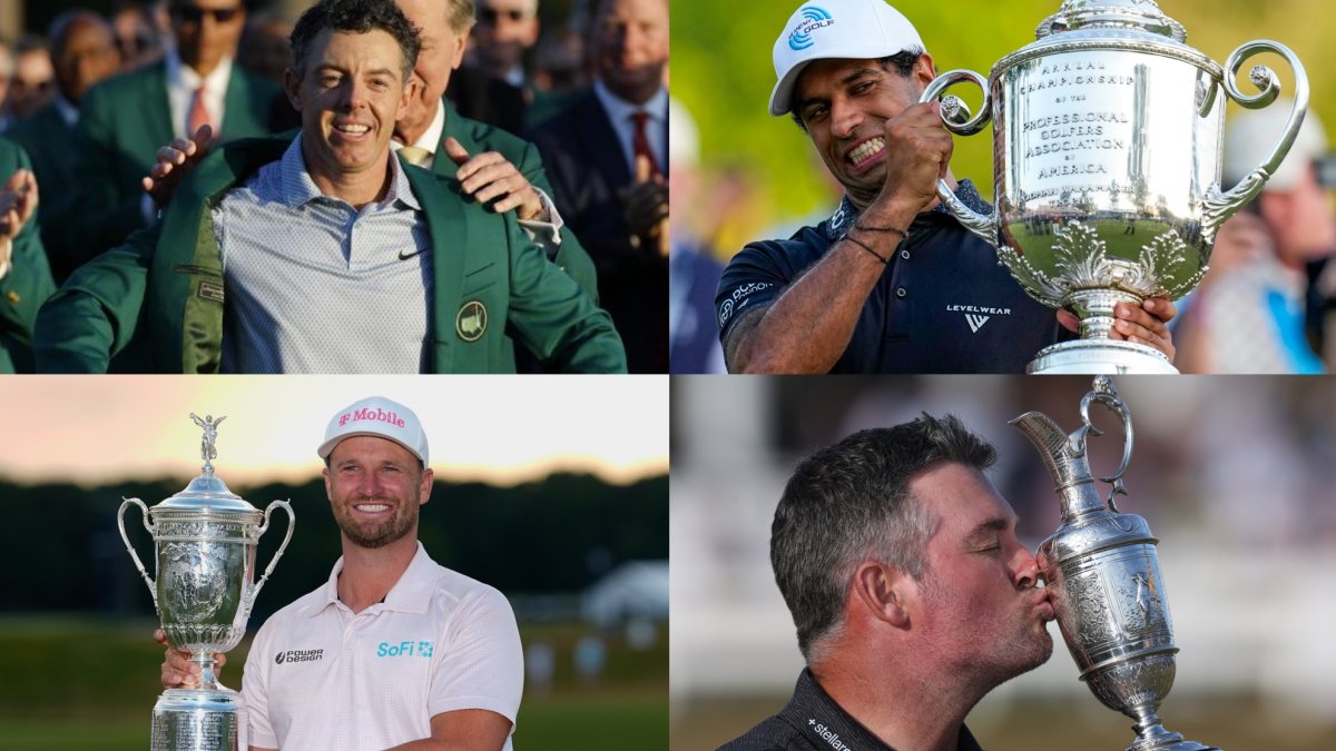 campeones golf Majors — Los cuatro ganadores de los torneos Majors en 2026: Rory McIlroy, Hideki Matsuyama, Nelly Kline y Cameron Smith. Foto de: EFE / Lapresse