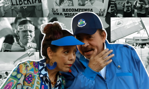 Una composición de imágenes que muestra a Daniel Ortega y otros elementos simbólicos relacionados con la situación política en Nicaragua. Foto de: El Tiempo