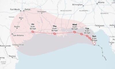 Mapa meteorológico que muestra la trayectoria y velocidad de la depresión tropical número dos en el golfo de México. Foto de: CNN en Español