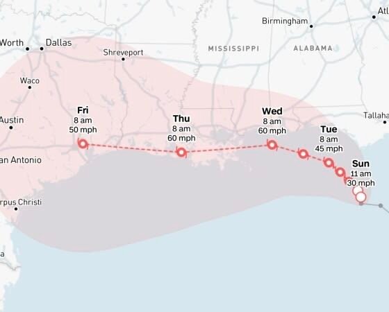 Mapa meteorológico que muestra la trayectoria y velocidad de la depresión tropical número dos en el golfo de México. Foto de: CNN en Español