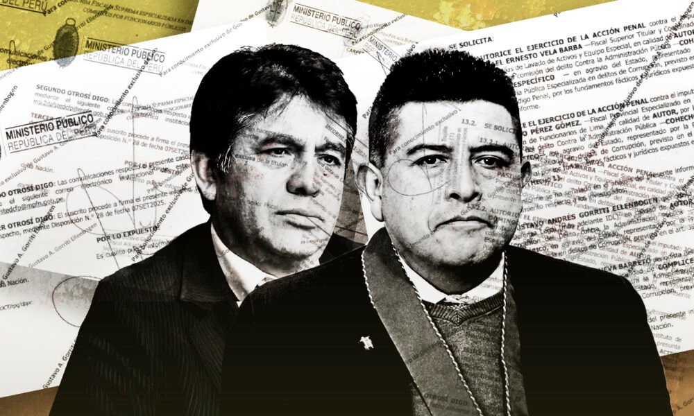 acción penal — Retratos de figuras mediáticas sobre un fondo de documentos legales que simbolizan la crisis del periodismo y la libertad de prensa. Foto de: IDL-Reporteros