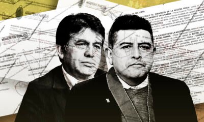 acción penal — Retratos de figuras mediáticas sobre un fondo de documentos legales que simbolizan la crisis del periodismo y la libertad de prensa. Foto de: IDL-Reporteros