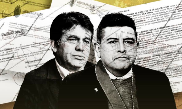 acción penal — Retratos de figuras mediáticas sobre un fondo de documentos legales que simbolizan la crisis del periodismo y la libertad de prensa. Foto de: IDL-Reporteros