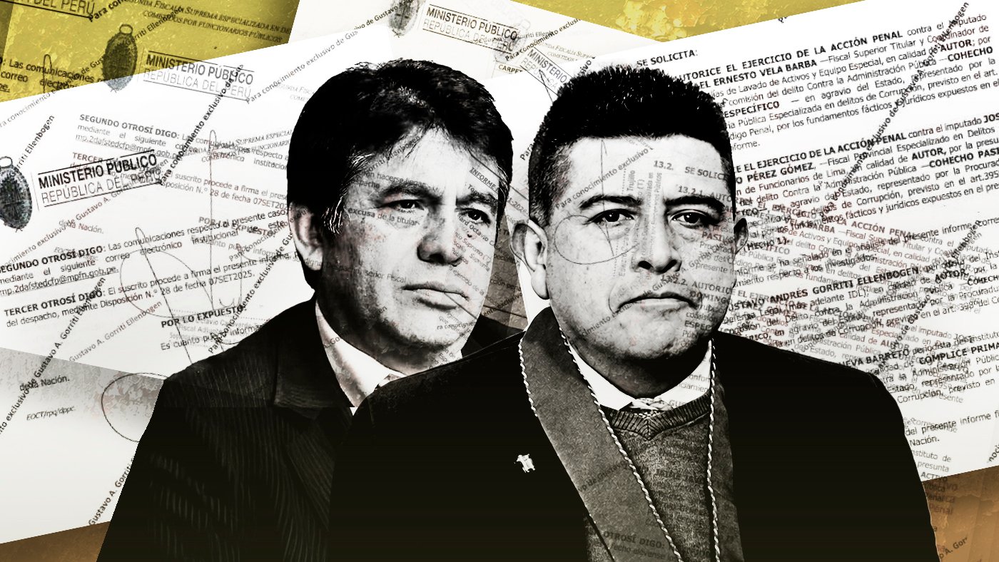 acción penal — Retratos de figuras mediáticas sobre un fondo de documentos legales que simbolizan la crisis del periodismo y la libertad de prensa. Foto de: IDL-Reporteros