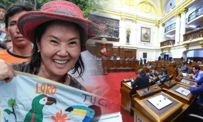 facultades legislativas Keiko Fujimori — Una mujer sonriente con un sombrero colorido sostiene una tela bordada, junto a una imagen de una sesión parlamentaria en un salón histórico. Foto de: El Búho