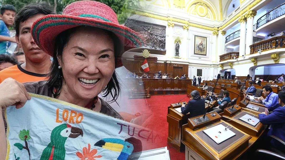 facultades legislativas Keiko Fujimori — Una mujer sonriente con un sombrero colorido sostiene una tela bordada, junto a una imagen de una sesión parlamentaria en un salón histórico. Foto de: El Búho