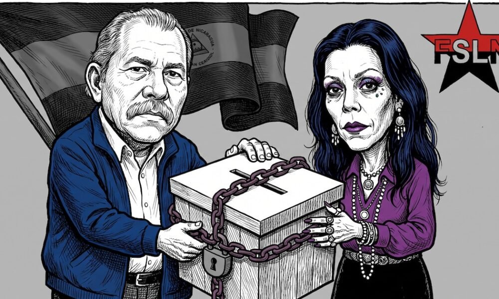 sistema electoral — Una ilustración satírica muestra a figuras políticas nicaragüenses junto a una urna electoral encadenada ante las reformas contra el voto libre. Foto de: FSLN