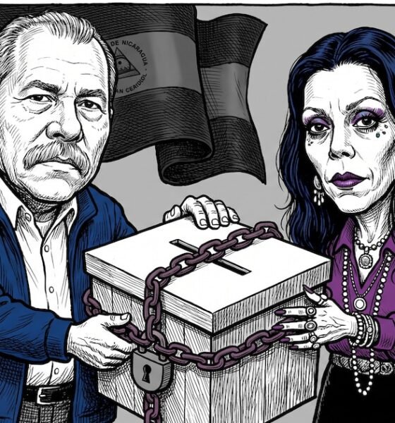 sistema electoral — Una ilustración satírica muestra a figuras políticas nicaragüenses junto a una urna electoral encadenada ante las reformas contra el voto libre. Foto de: FSLN