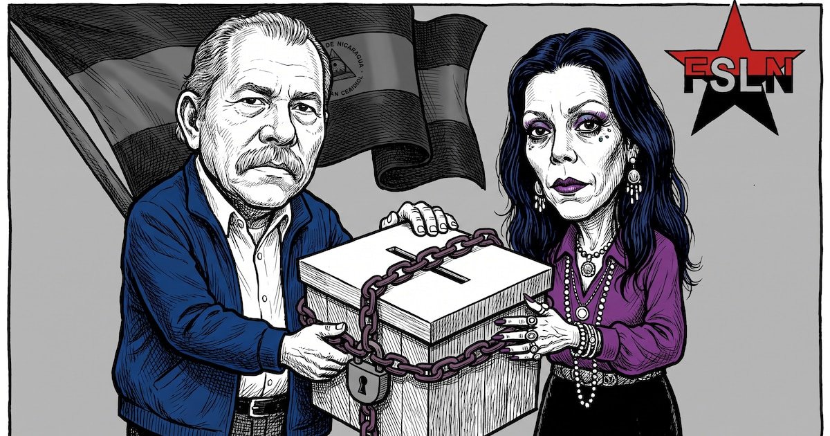 sistema electoral — Una ilustración satírica muestra a figuras políticas nicaragüenses junto a una urna electoral encadenada ante las reformas contra el voto libre. Foto de: FSLN