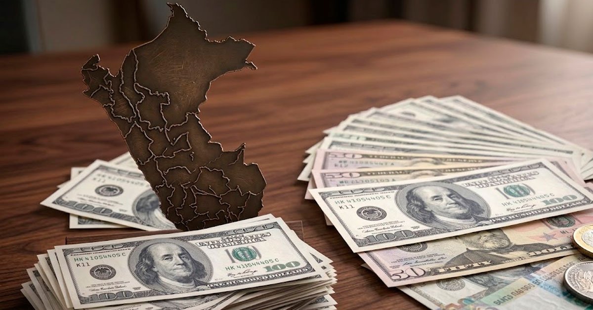 precio dólar hoy Perú — Representación del mapa de Perú sobre fajos de dólares para ilustrar la cotización del tipo de cambio en el país. Foto de: Exitosa Noticias