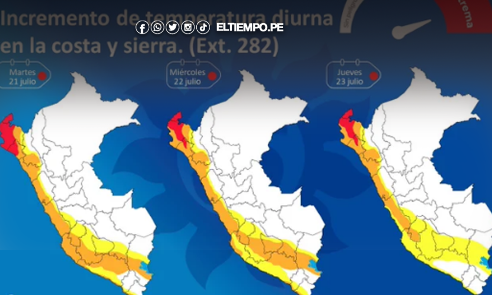 alerta roja — Pronóstico meteorológico del portal El Tiempo Piura que muestra el incremento de temperaturas en la costa y sierra peruana. Foto de: ELTIEMPO.PE