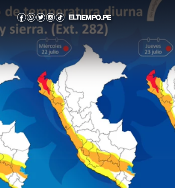 alerta roja — Pronóstico meteorológico del portal El Tiempo Piura que muestra el incremento de temperaturas en la costa y sierra peruana. Foto de: ELTIEMPO.PE