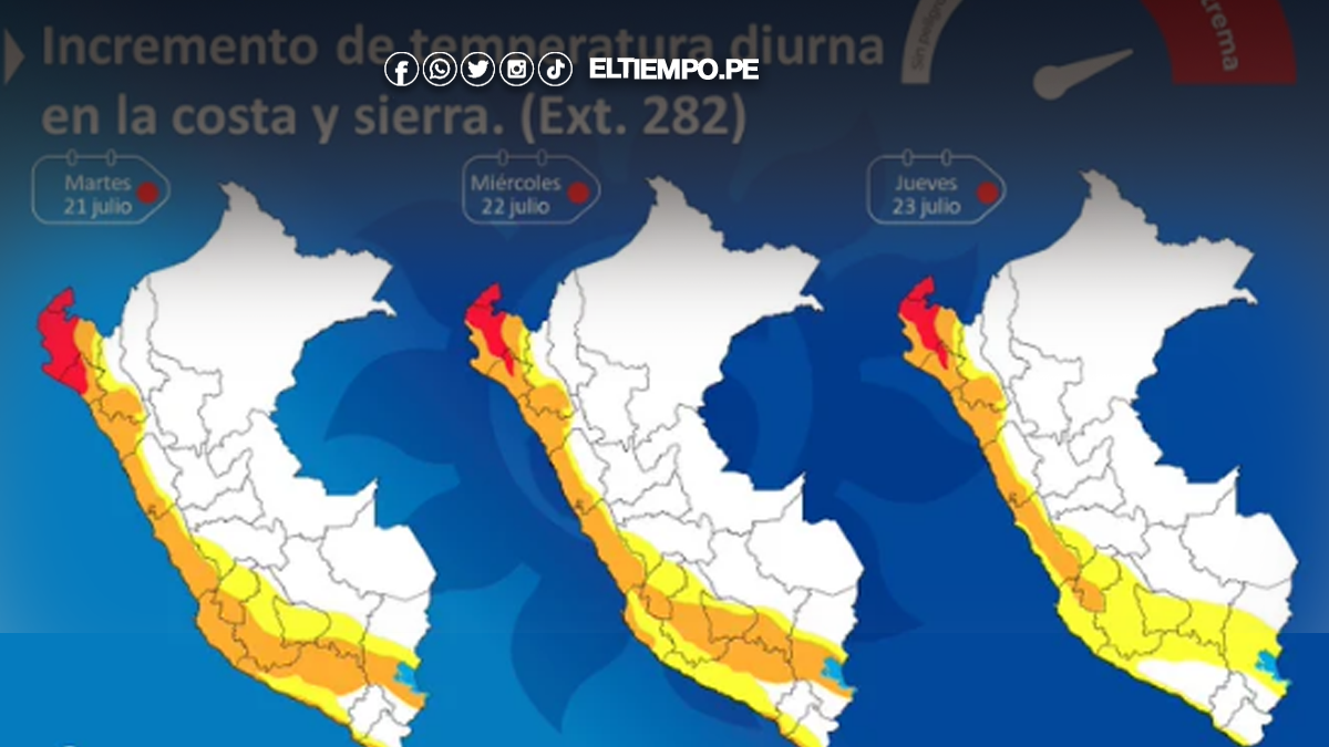 alerta roja — Pronóstico meteorológico del portal El Tiempo Piura que muestra el incremento de temperaturas en la costa y sierra peruana. Foto de: ELTIEMPO.PE
