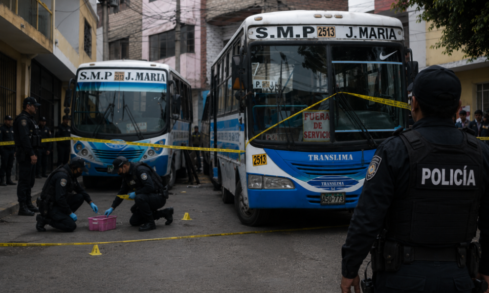 San Martín — Agentes de la Policía Nacional del Perú resguardan los buses del sistema Transmilenio tras el fin de una paralización por amenazas de extorsión. Foto de: Perú21